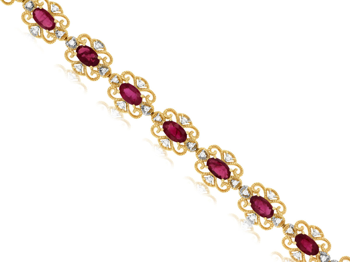 14K Yellow Gold Filigree Ruby Oval Bracelet - 3.75 Carats