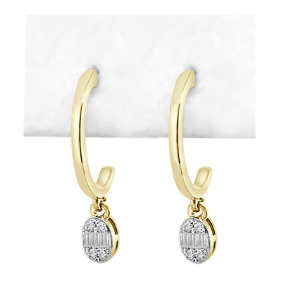 Christmas Splendor: 10K Yellow Gold Diamond Drop Hoop Earrings with 0.10ct Natural Diamonds