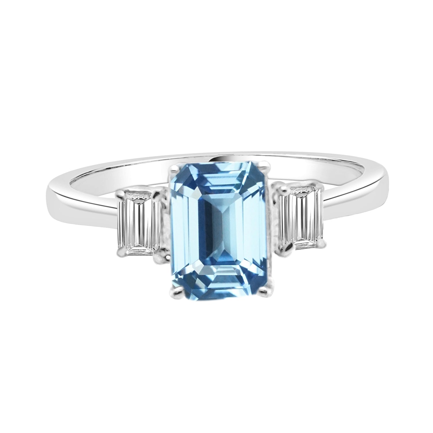 14K White Gold 3 Stone Emerald Cut Aquamarine Ring - 0.87 Carat