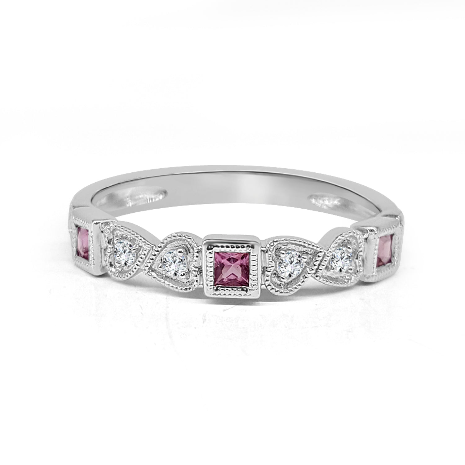 10K White Gold Milgrain Heart Ring with Tourmaline 0.11