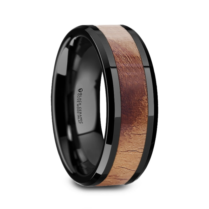 Exquisite Lugano Olive Wood Wedding Band with Black Ceramic Inlay