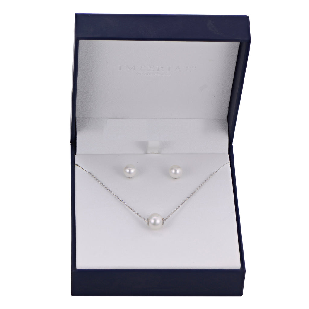 Graceful Pearl Necklace and Stud Earring Set in Sterling Silver