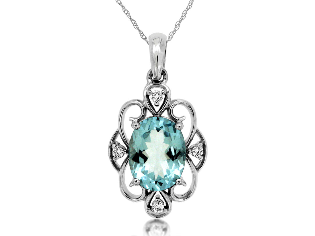 14 Karat White Gold Filigree Oval Aquamarine Necklace - 1.10 Carats