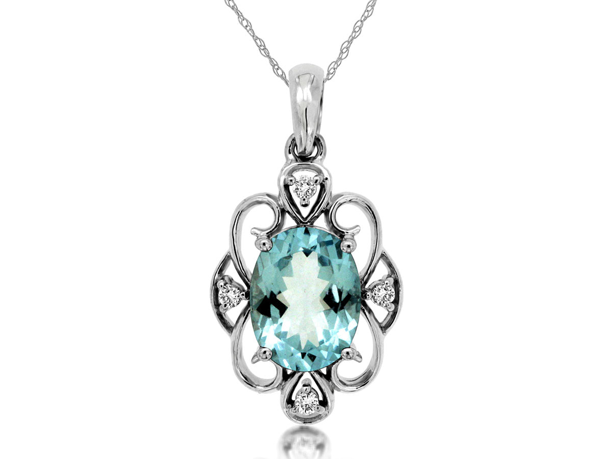 14 Karat White Gold Filigree Oval Aquamarine Necklace - 1.10 Carats