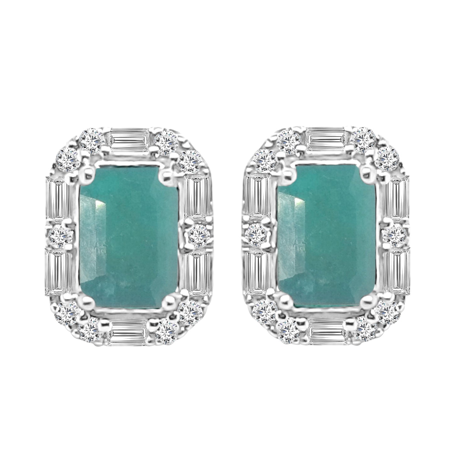 14K White Gold Baguette Emerald Halo Earrings - 1.10 ct