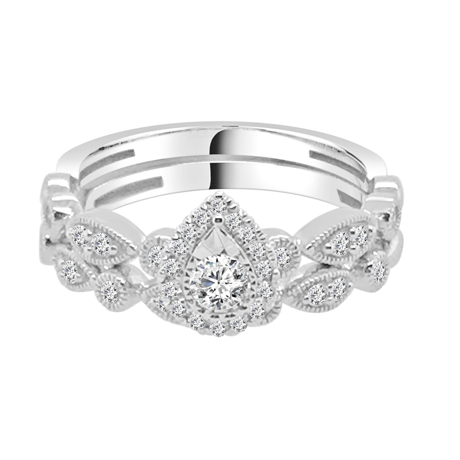 10K White Gold Pear Halo Milgrain Scallop Wedding Set with 0.40 ct Natural Diamond
