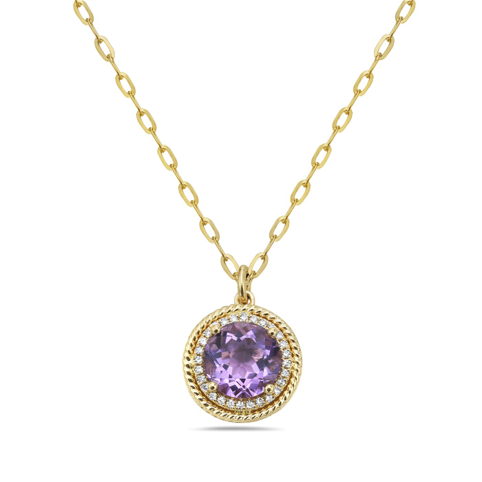 14K Yellow Gold Amethyst Rope-Detailed Round Pendant Necklace - 1.83 ct