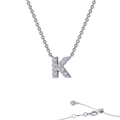 Platinum Coated Sterling Silver Block Letter K Necklace with Lassaire 0.38 Carat