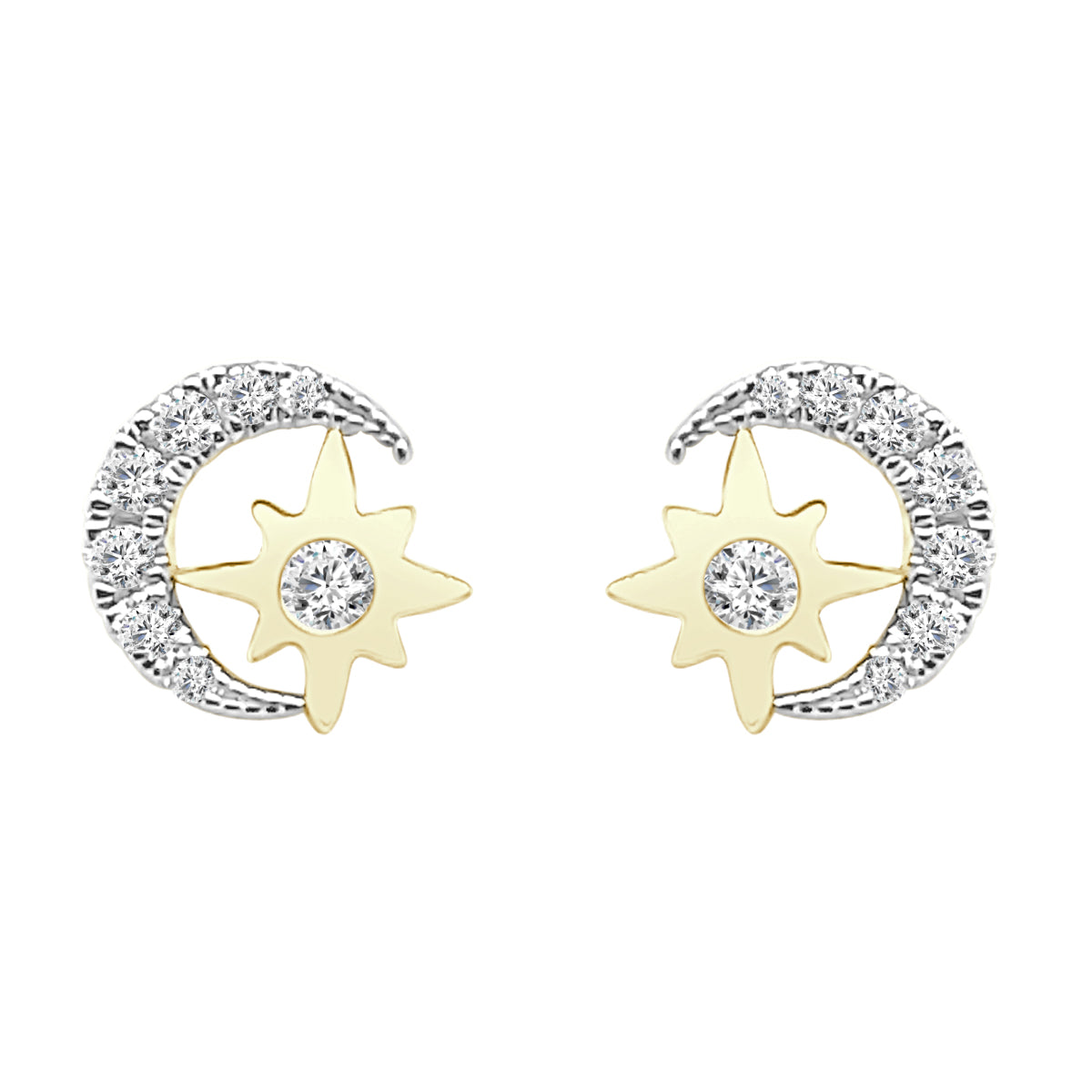 14K Yellow Gold Moon Star Stud Earrings with Natural Diamond Accent (0.18ct)
