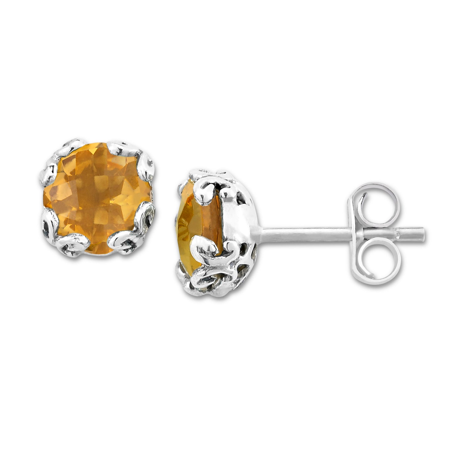 Sterling Silver Citrine November Round Stud Earrings