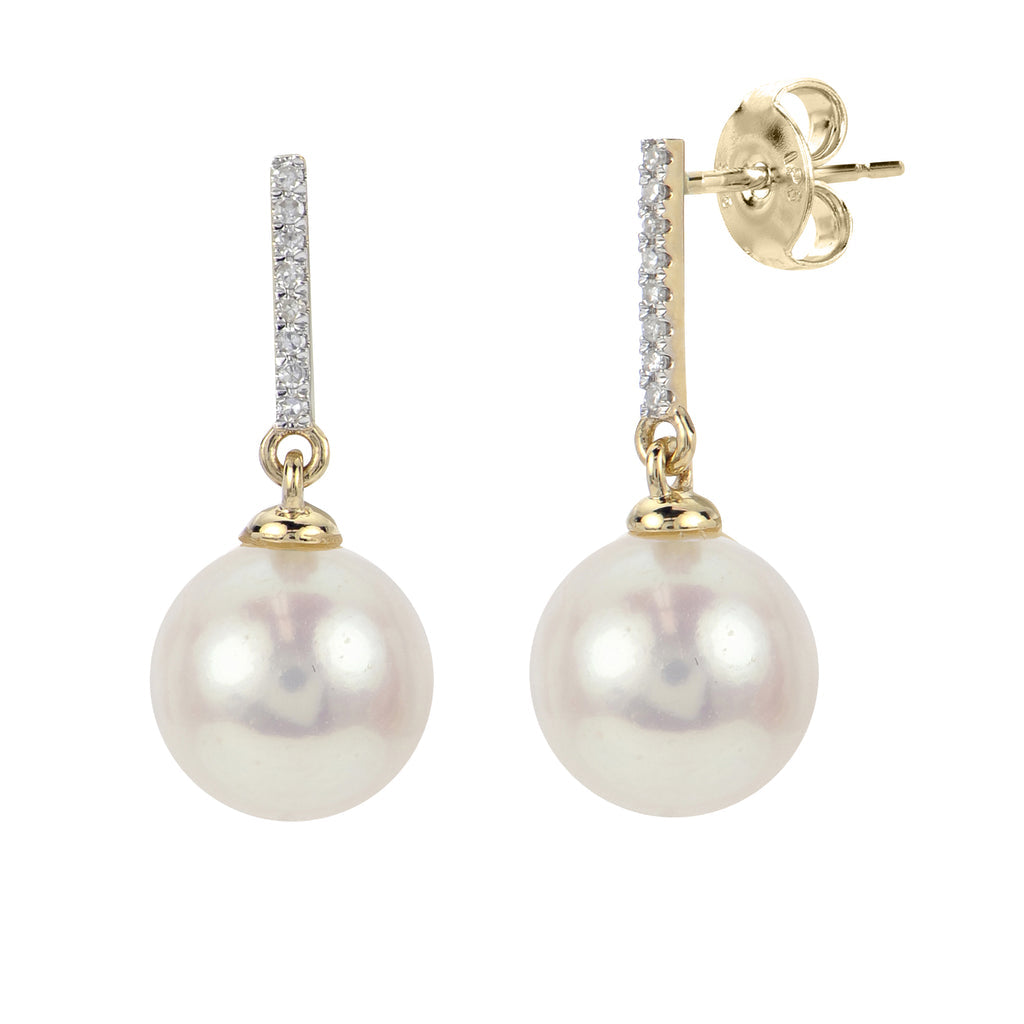 Luxurious 14 Karat Yellow Gold Earrings with AA Cultured Pearl and Diamond Accents