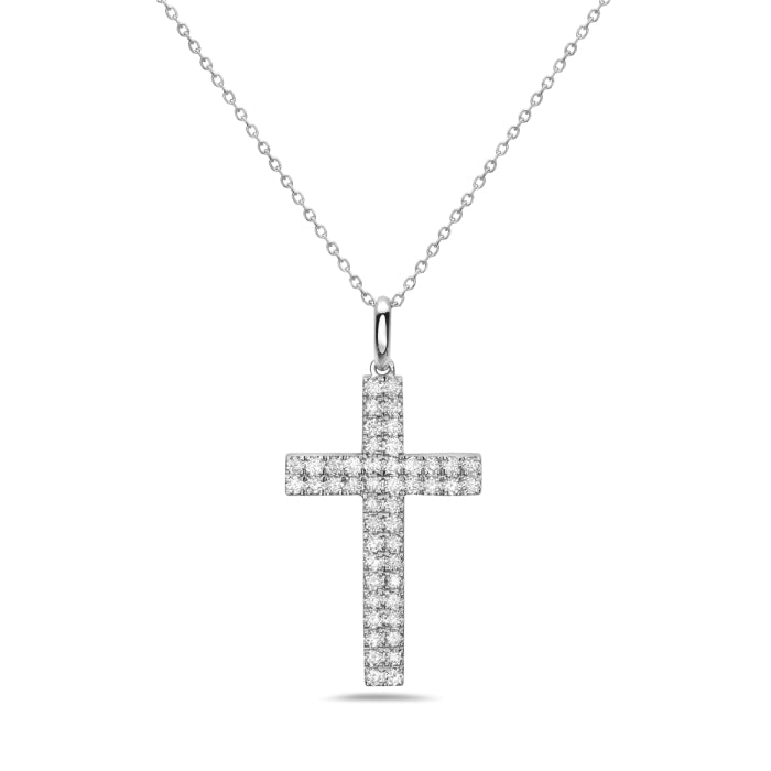 14K White Gold Two Row Diamond Cross Pendant Necklace with Natural 0.70 Round Shape Diamonds