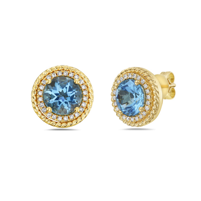 14K Yellow Gold Swiss Blue Topaz Stud Earrings with Rope Details - Round Shape 2.81 Carats