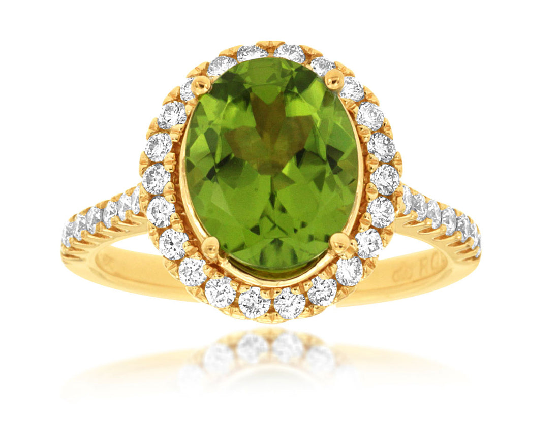 14K Yellow Gold Halo Diamond Shank Peridot Ring with Oval Shape - 2.80 Carats