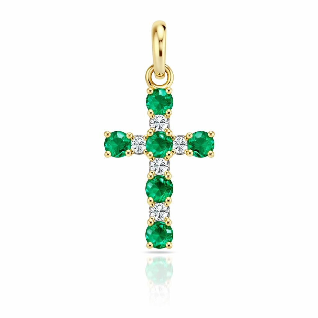 14K Yellow Gold Emerald Cross Necklace Pendant