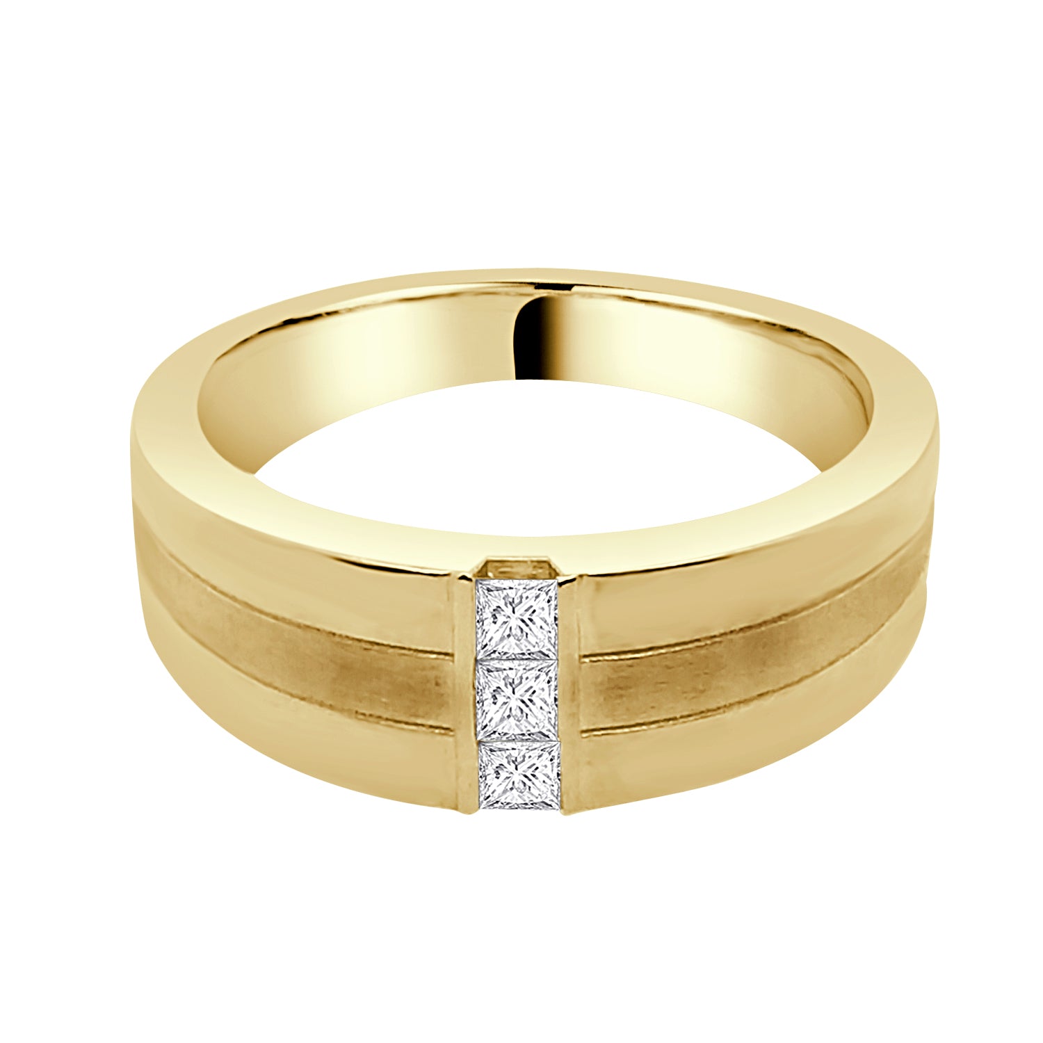 14K Yellow Gold Polished &amp; Satin 3 Stone Princess Cut Diamond Wedding Band (0.25ct)
