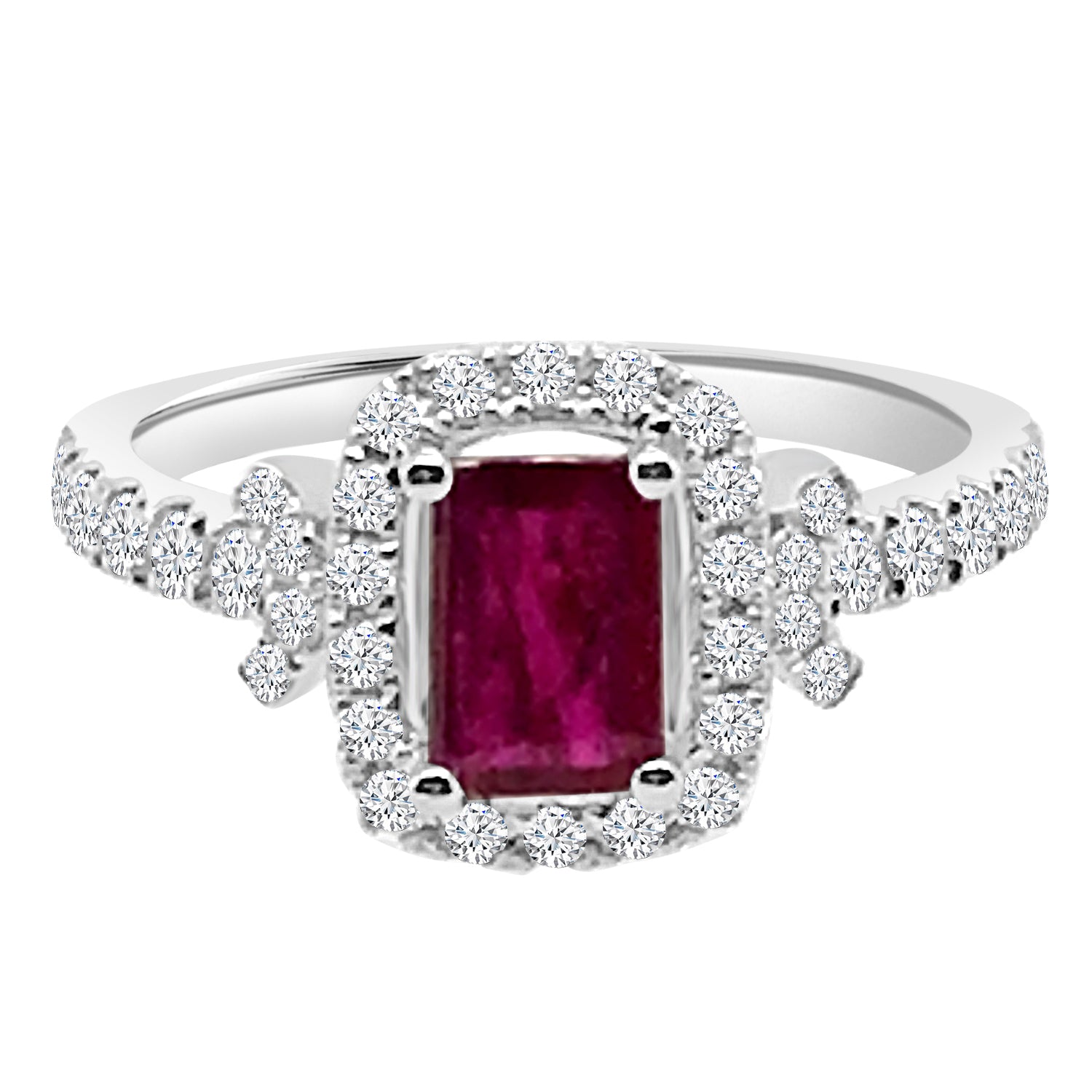 Emerald Halo Ruby Ring in 14 Karat White Gold with 0.92 Carats