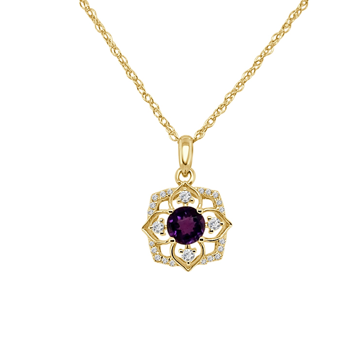Floral Amethyst Round Necklace in 14 Karat Yellow Gold (0.52 ct)