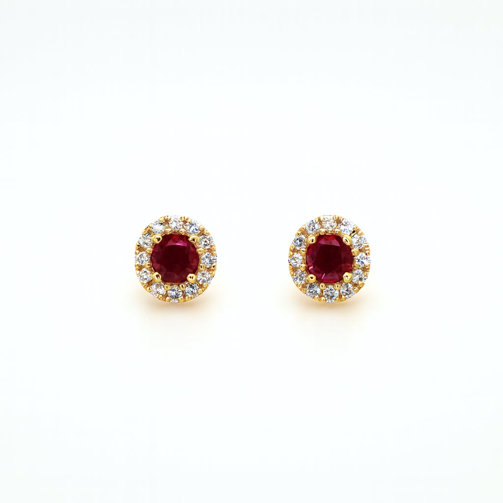 14 Karat Yellow Gold Ruby Halo Stud Earrings - Round Shape 0.65 Carats