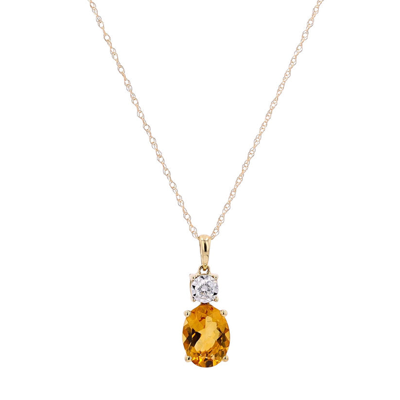 10K Yellow Gold Citrine and Diamond Halo Necklace