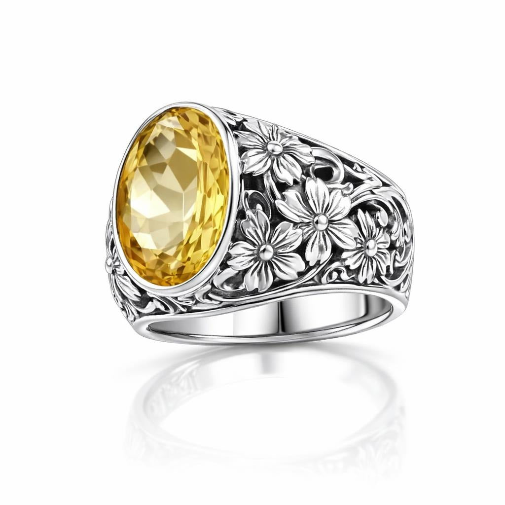 Floral Design Citrine Ring in Sterling Silver
