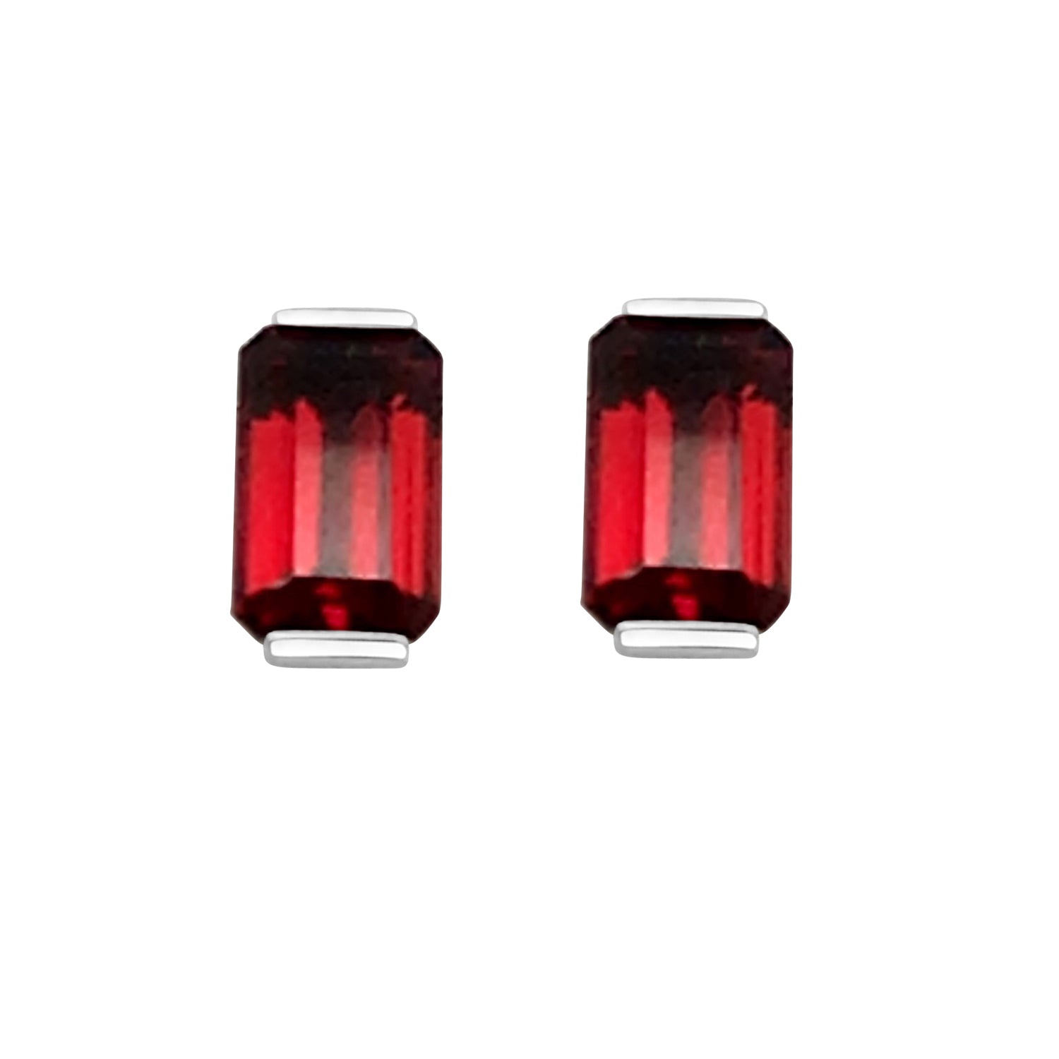 Garnet Solitaire Studs in 14 Karat White Gold - Emerald Shape 3.25 Carats