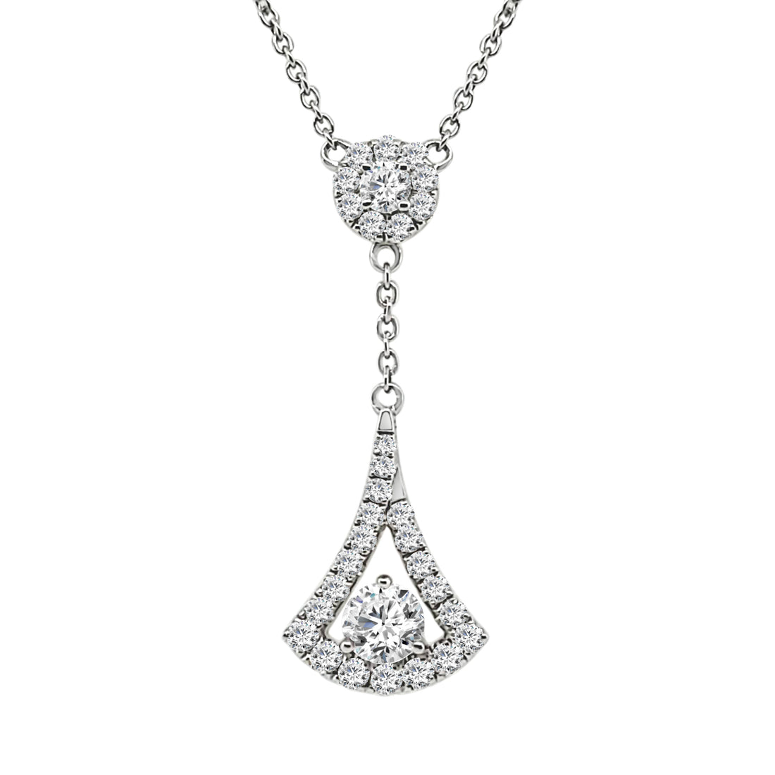 14K White Gold Necklace with Round Halo and Fan Drop Station, Featuring 0.84ct Natural Diamonds