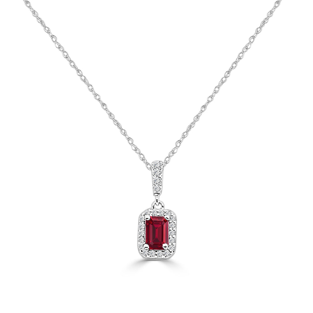 Emerald Shape Ruby with Diamond Halo Necklace in 14K White Gold - 0.70ct