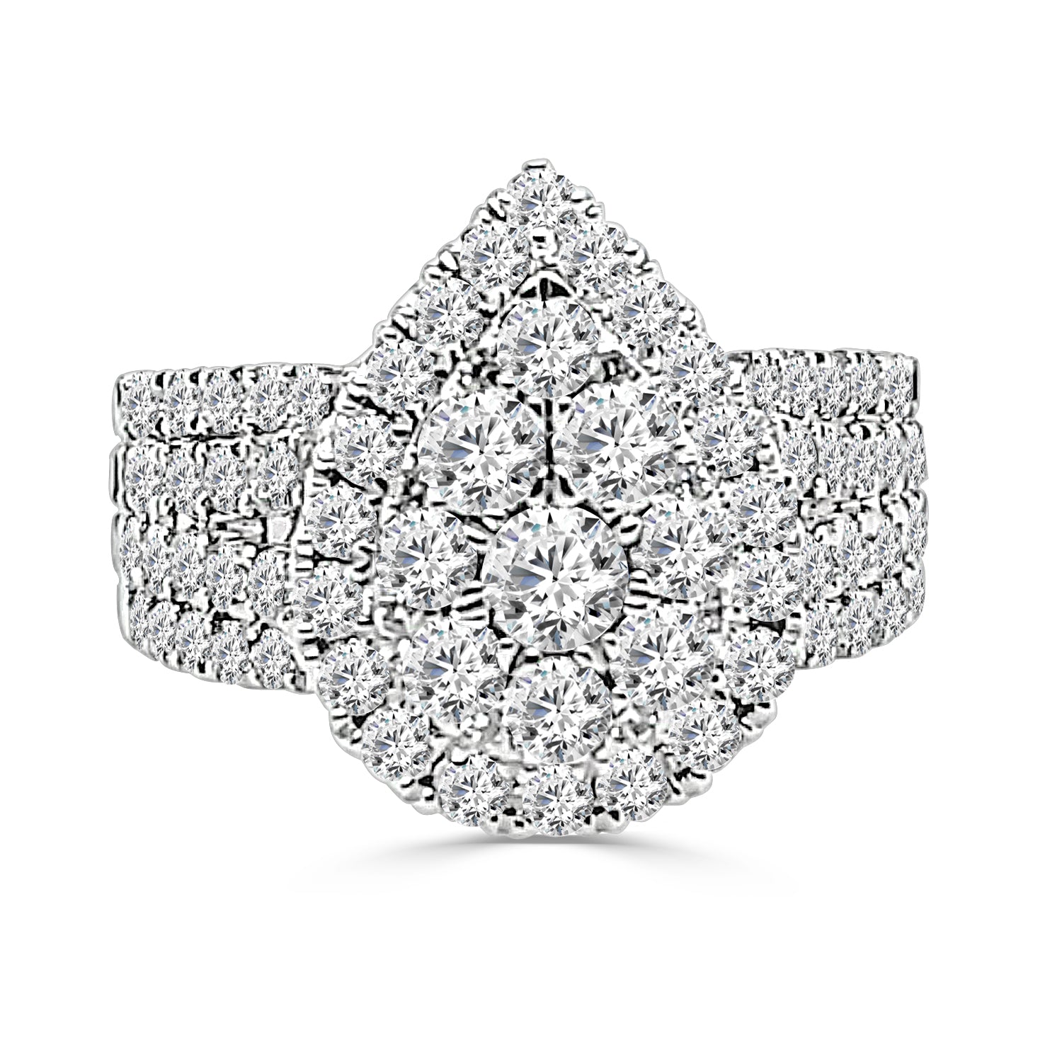4 Row Split Shank Cluster Pear Engagement Ring in 14 Karat White Gold