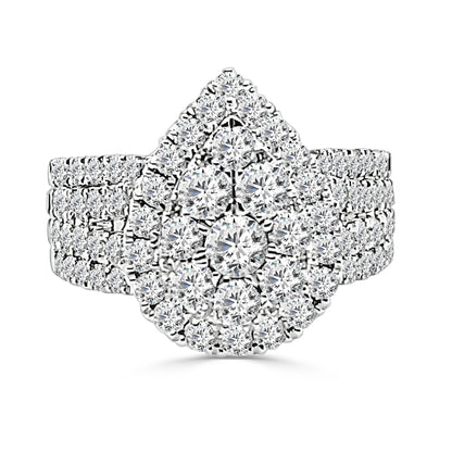 4 Row Split Shank Cluster Pear Engagement Ring in 14 Karat White Gold