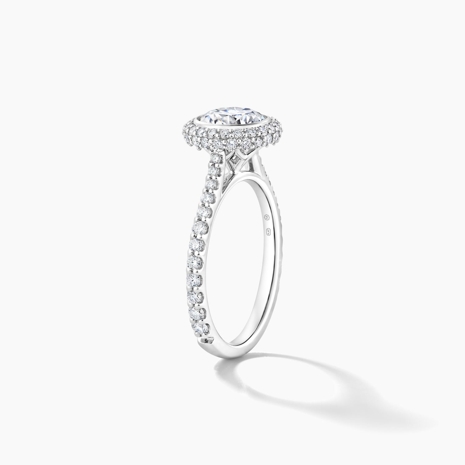 Platinum Engagement Mounting with Bezel Set Pave Halo and Diamond Band