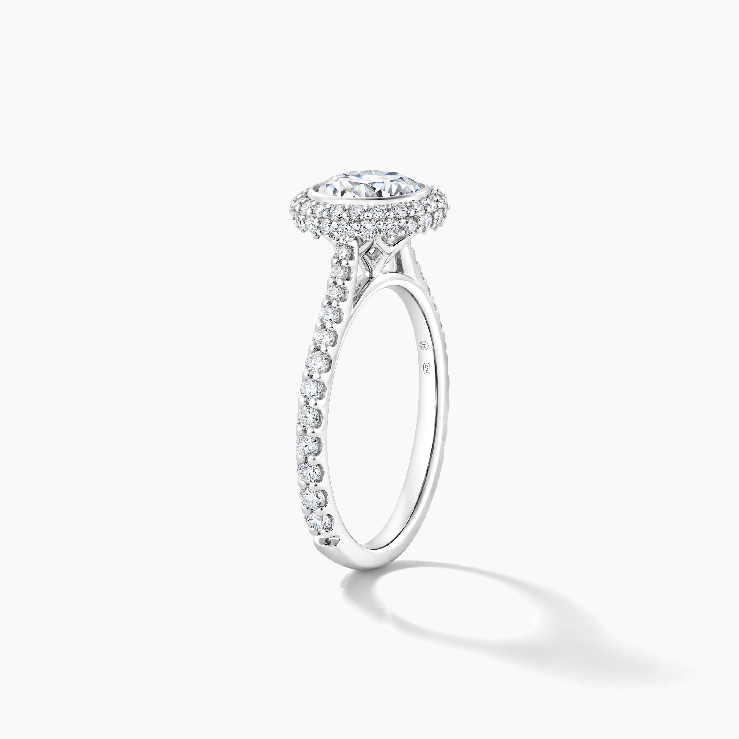 Platinum Engagement Mounting with Bezel Set Pave Halo and Diamond Band