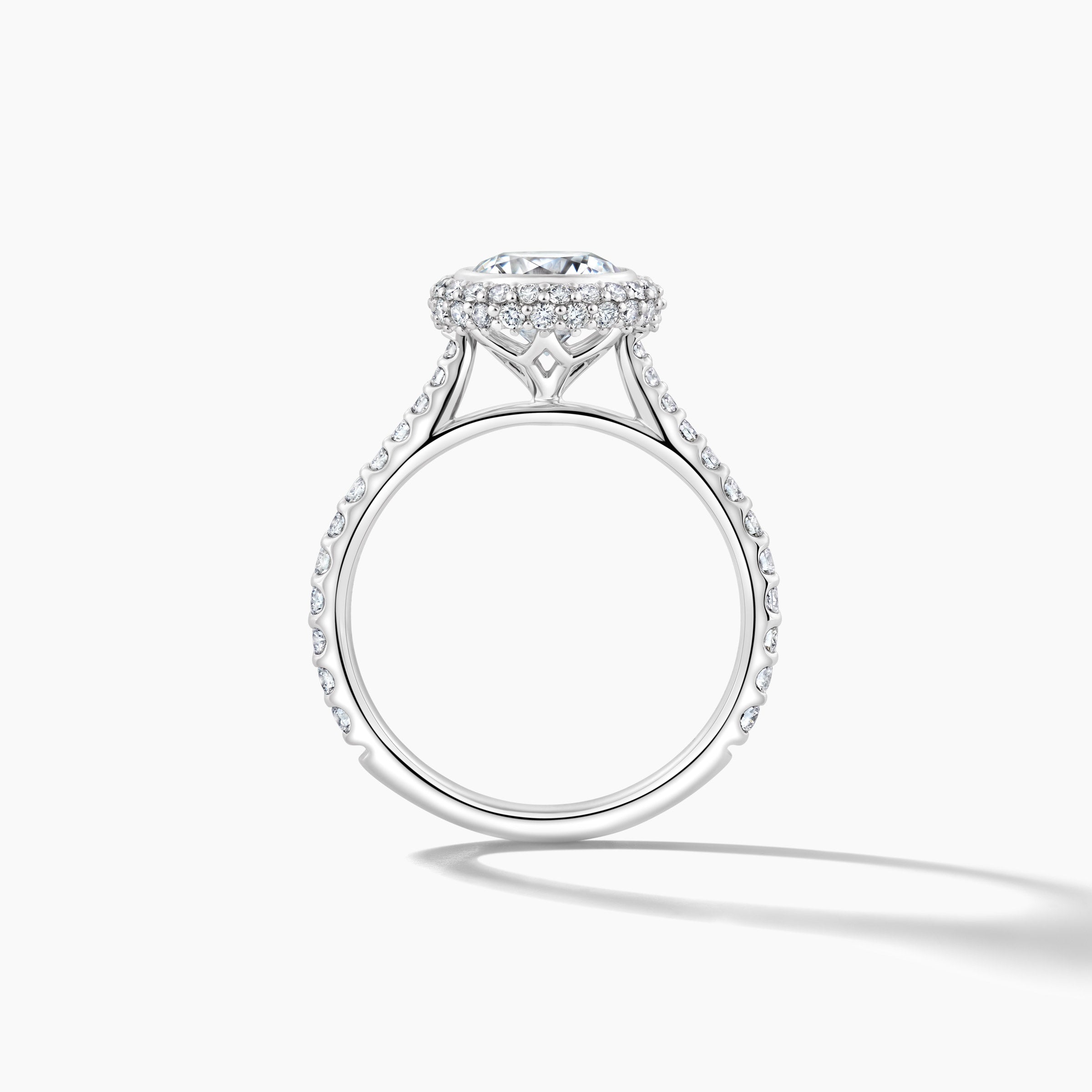 Platinum Engagement Mounting with Bezel Set Pave Halo and Diamond Band