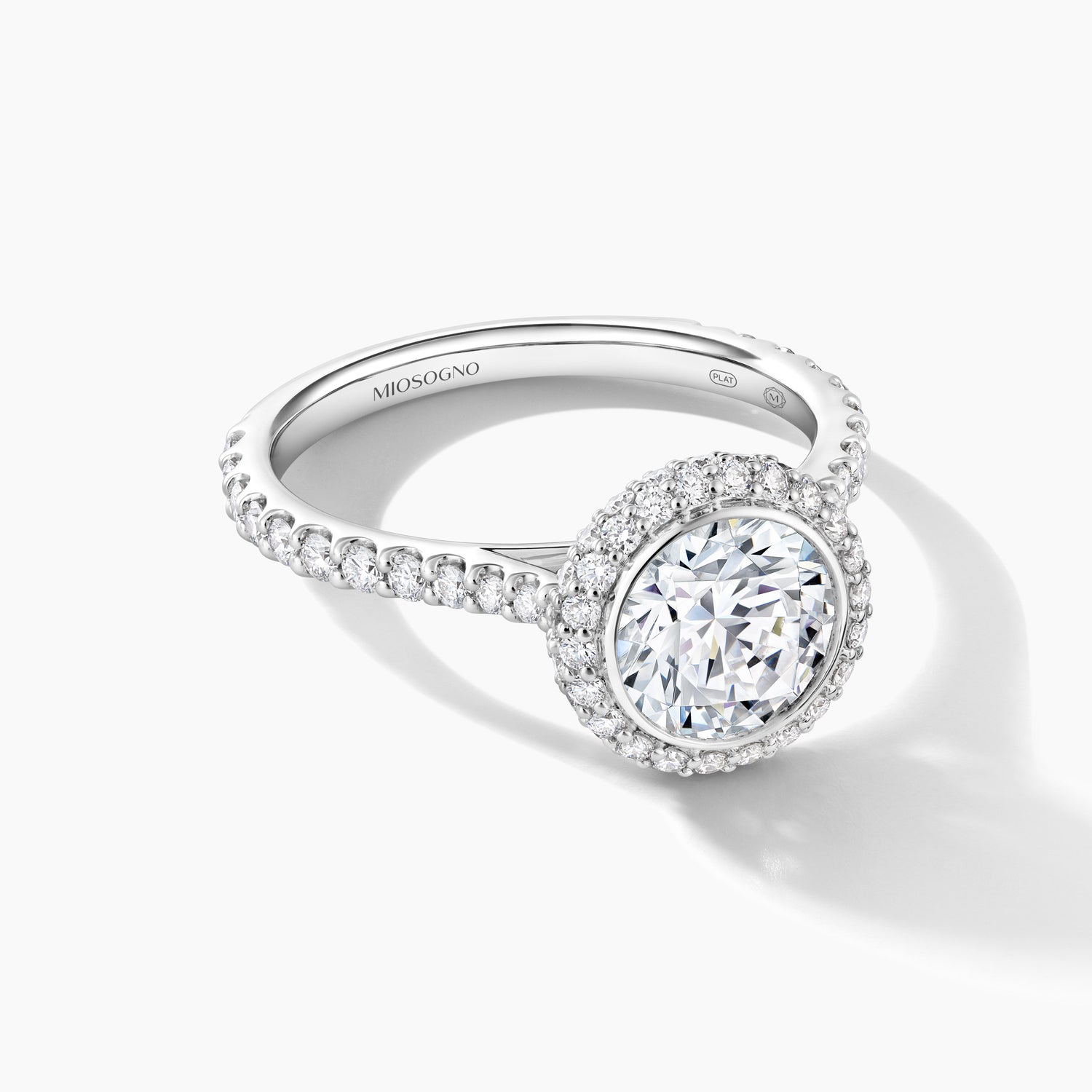 Platinum Engagement Mounting with Bezel Set Pave Halo and Diamond Band