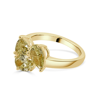 18K Yellow Gold Three Stone Oval, Pear, and Trillion Ring with 2.12 Yellow Diamond
