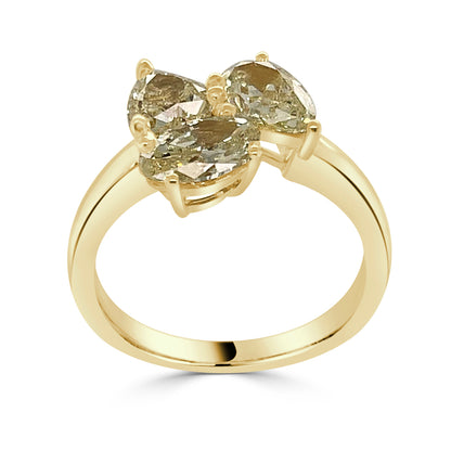 18K Yellow Gold Three Stone Oval, Pear, and Trillion Ring with 2.12 Yellow Diamond