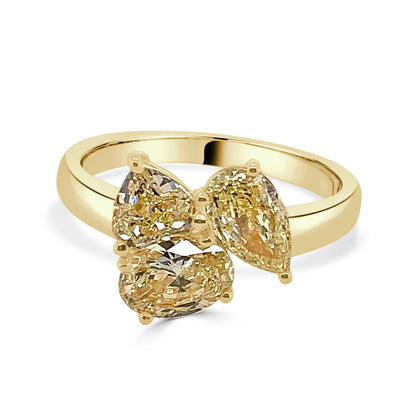 18K Yellow Gold Three Stone Oval, Pear, and Trillion Ring with 2.12 Yellow Diamond