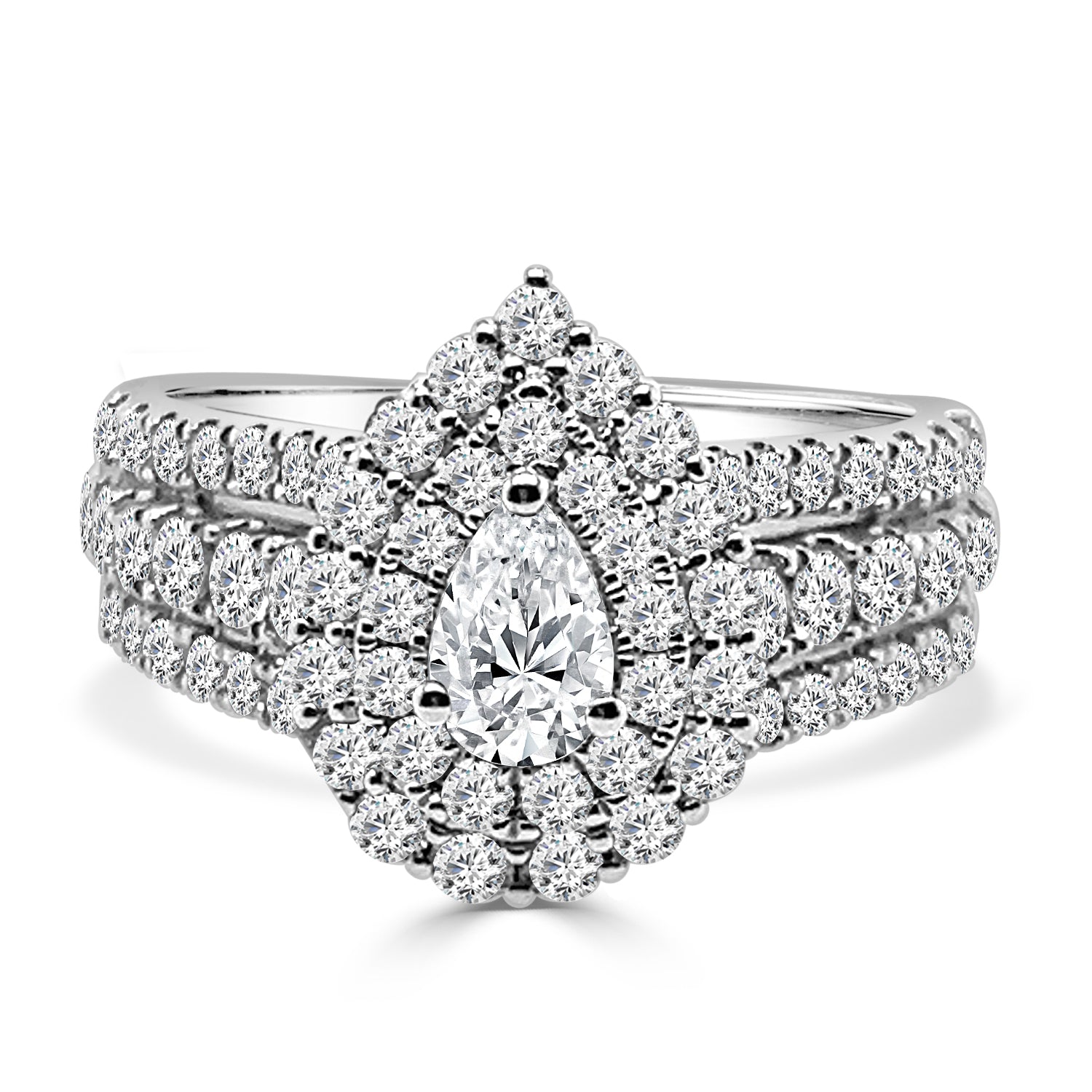 Dazzling 3 Row Pear Double Engagement Ring in 14 Karat White Gold with Natural Diamond, Pear Shape 0.38 Carat