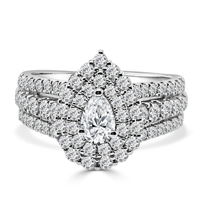 Dazzling 3 Row Pear Double Engagement Ring in 14 Karat White Gold with Natural Diamond, Pear Shape 0.38 Carat