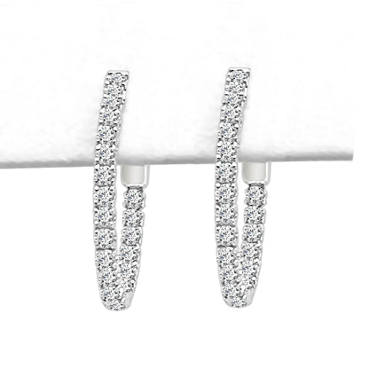 14K Yellow Gold Oval Diamond Hoop Earrings with Shared Prong Setting - 0.73 ct Natural Round Diamond