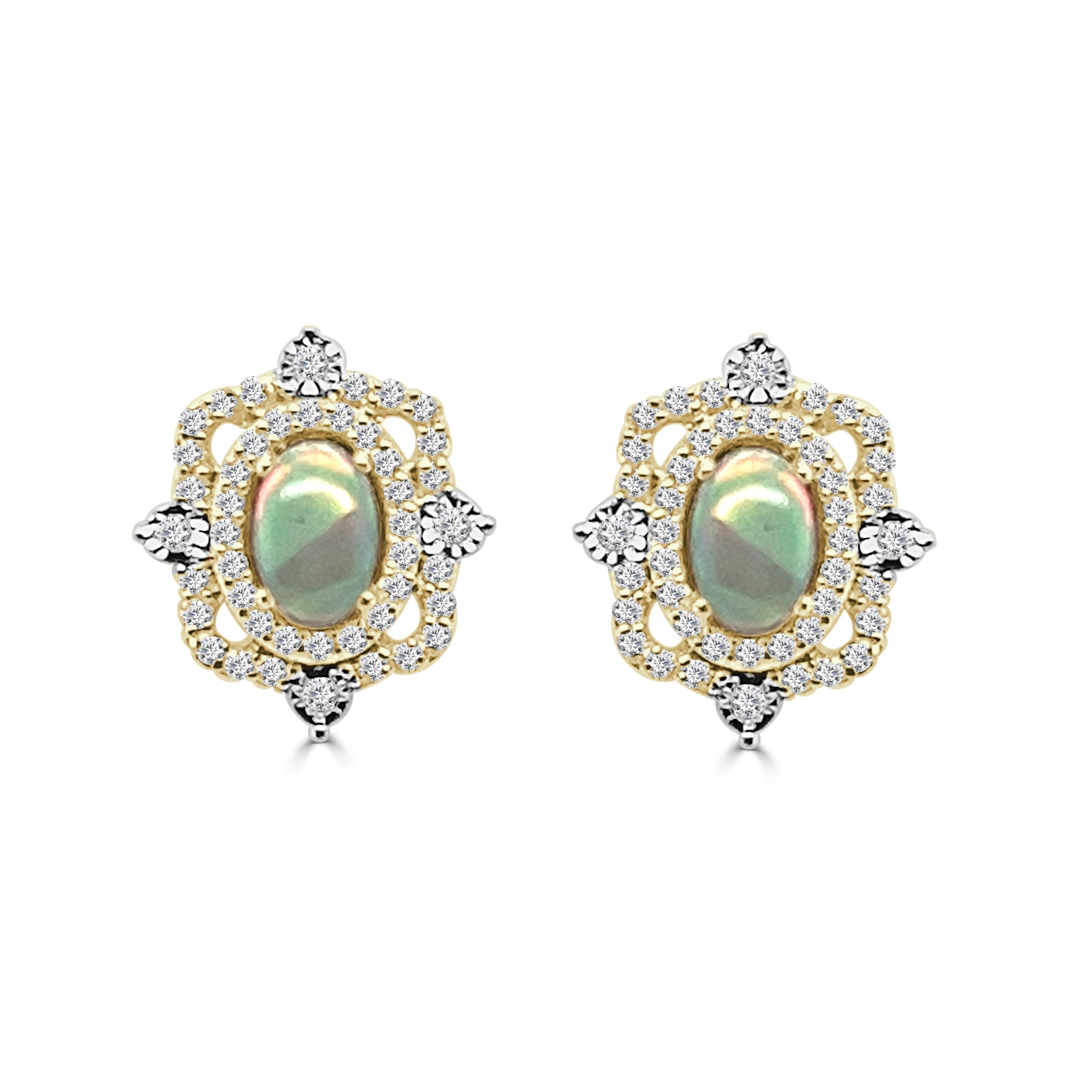 14K Yellow Gold Opal and Diamond Fancy Stud Earrings with Oval Shape, 0.60 ct
