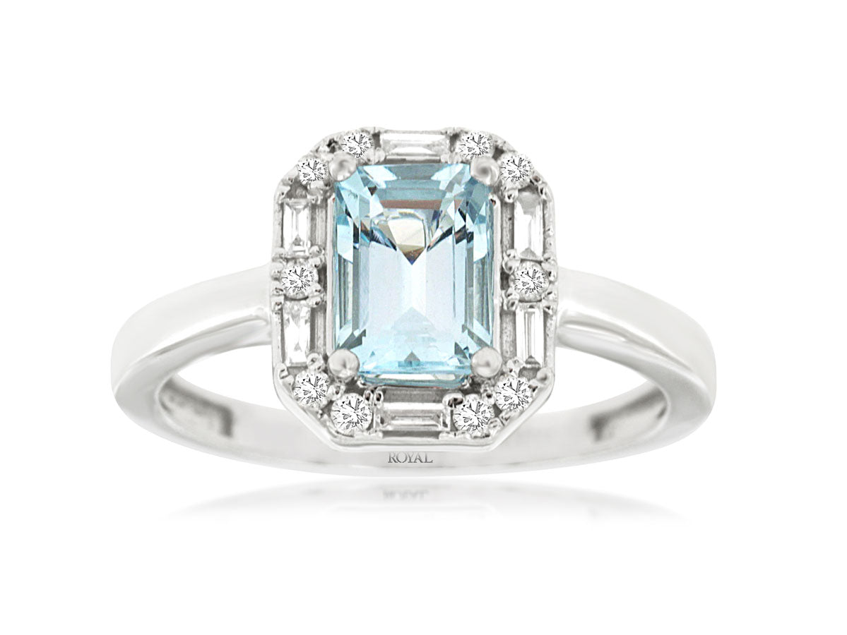 14K White Gold Aquamarine Ring with Baguette Emerald Halo, 0.90 Ct