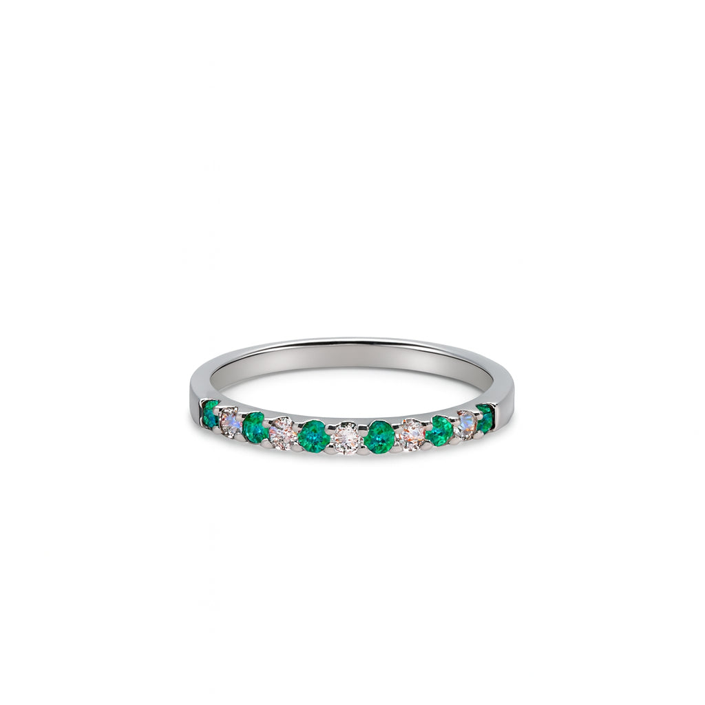14K White Gold Ladies Ring with Colombian Emerald and Diamond Band