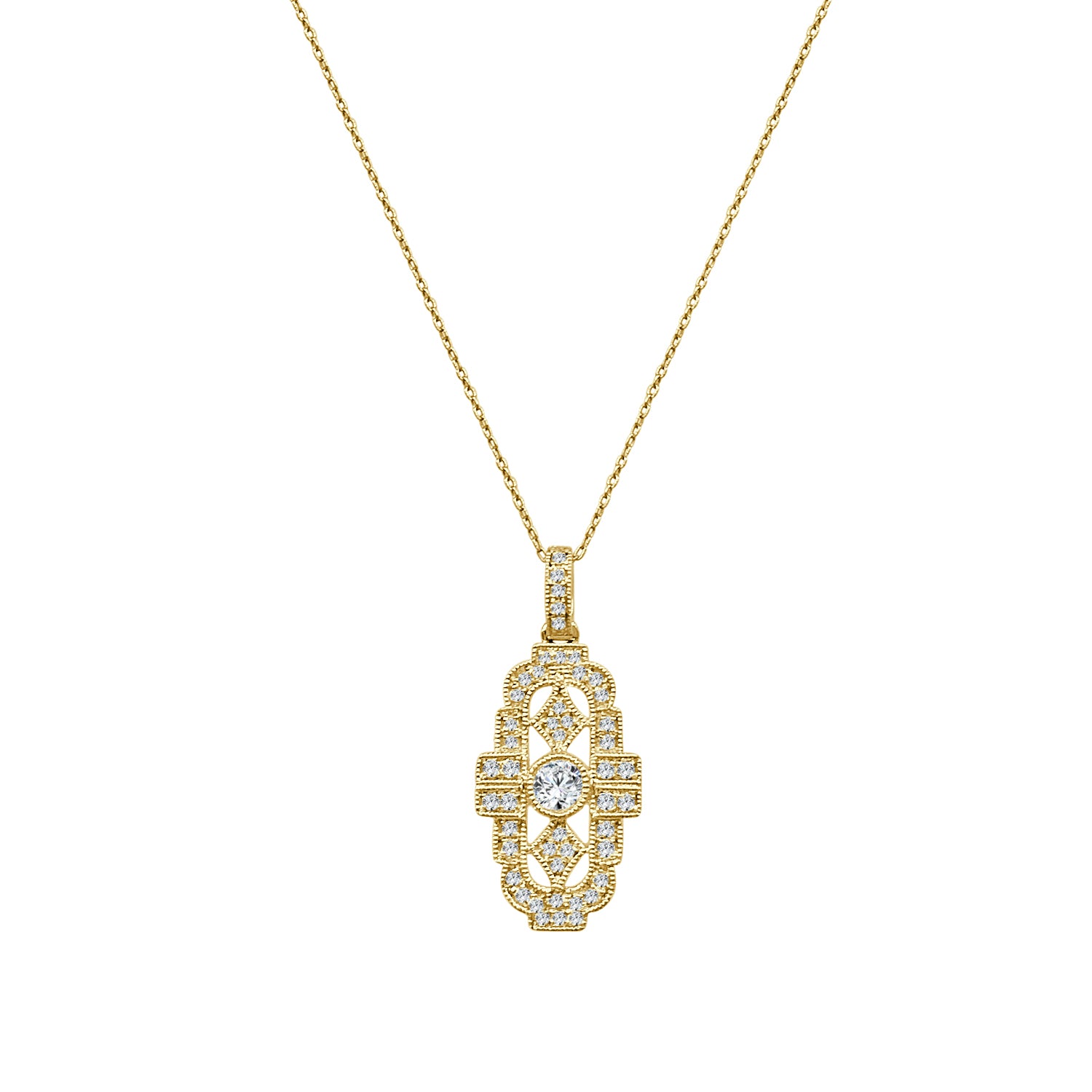 Antique Milgrain 14K Yellow Gold Diamond Necklace - 0.25ct Natural Diamond