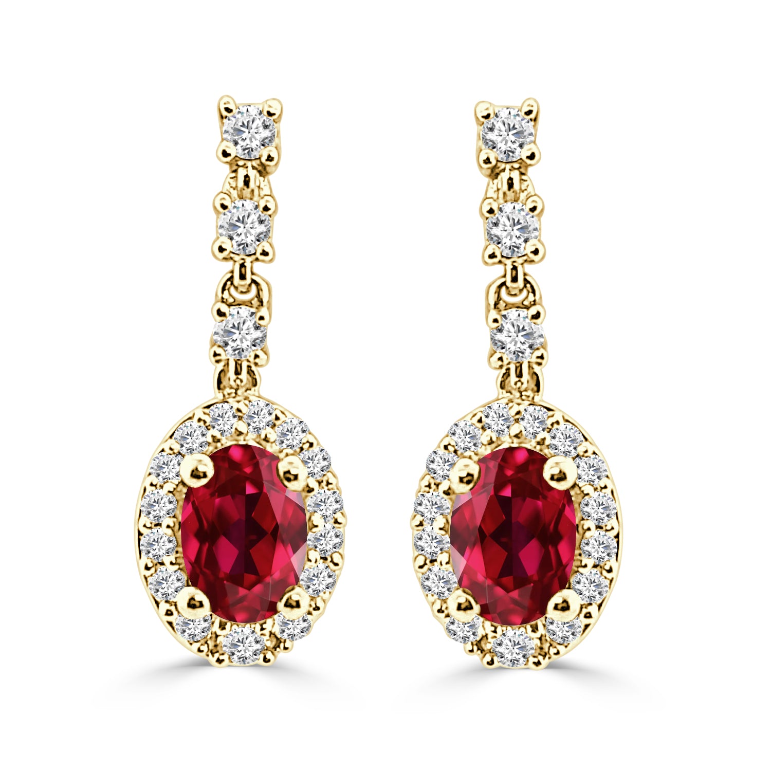 Ruby Oval Diamond Halo Earrings in 14 Karat Yellow Gold - 1.00 Carat