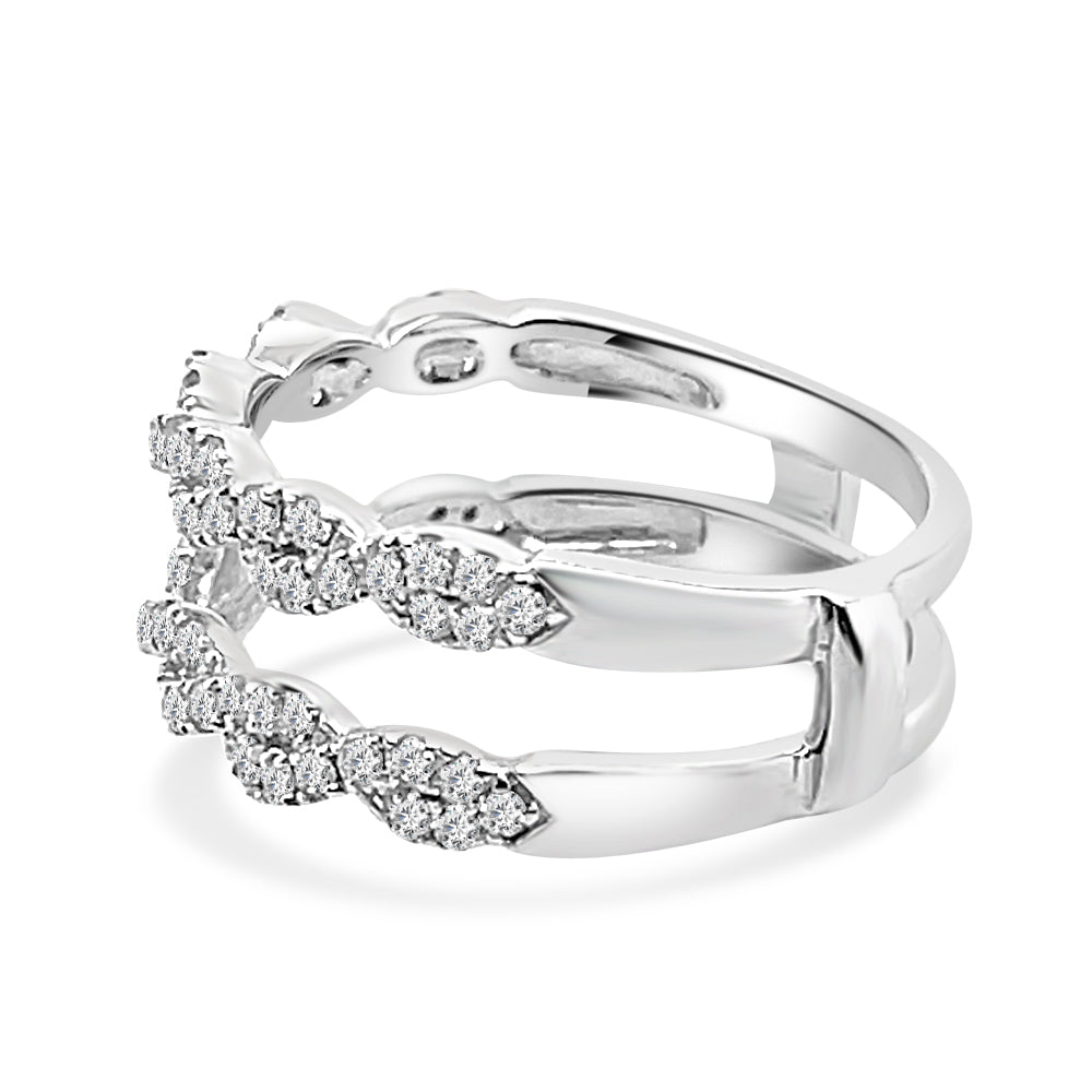 14K White Gold Diamond Wedding Band with Straight Twisted Ring Guard - 0.63 Round Cut