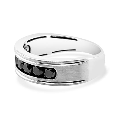 Beveled Channel Set Black Diamond Wedding Band in 10 Karat White Gold with 1.00 Carat Round Black Diamond