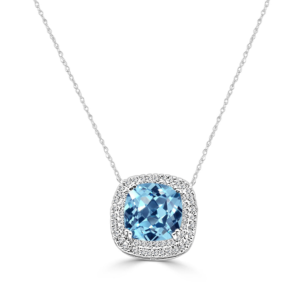 14K White Gold Aquamarine Double Halo Necklace with Natural Diamonds - 0.52 ct Round and 4 ct Cushion Shape
