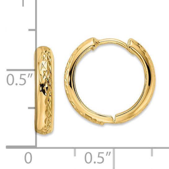 14K Yellow Gold Polished Textured Hinged Hoop Earrings