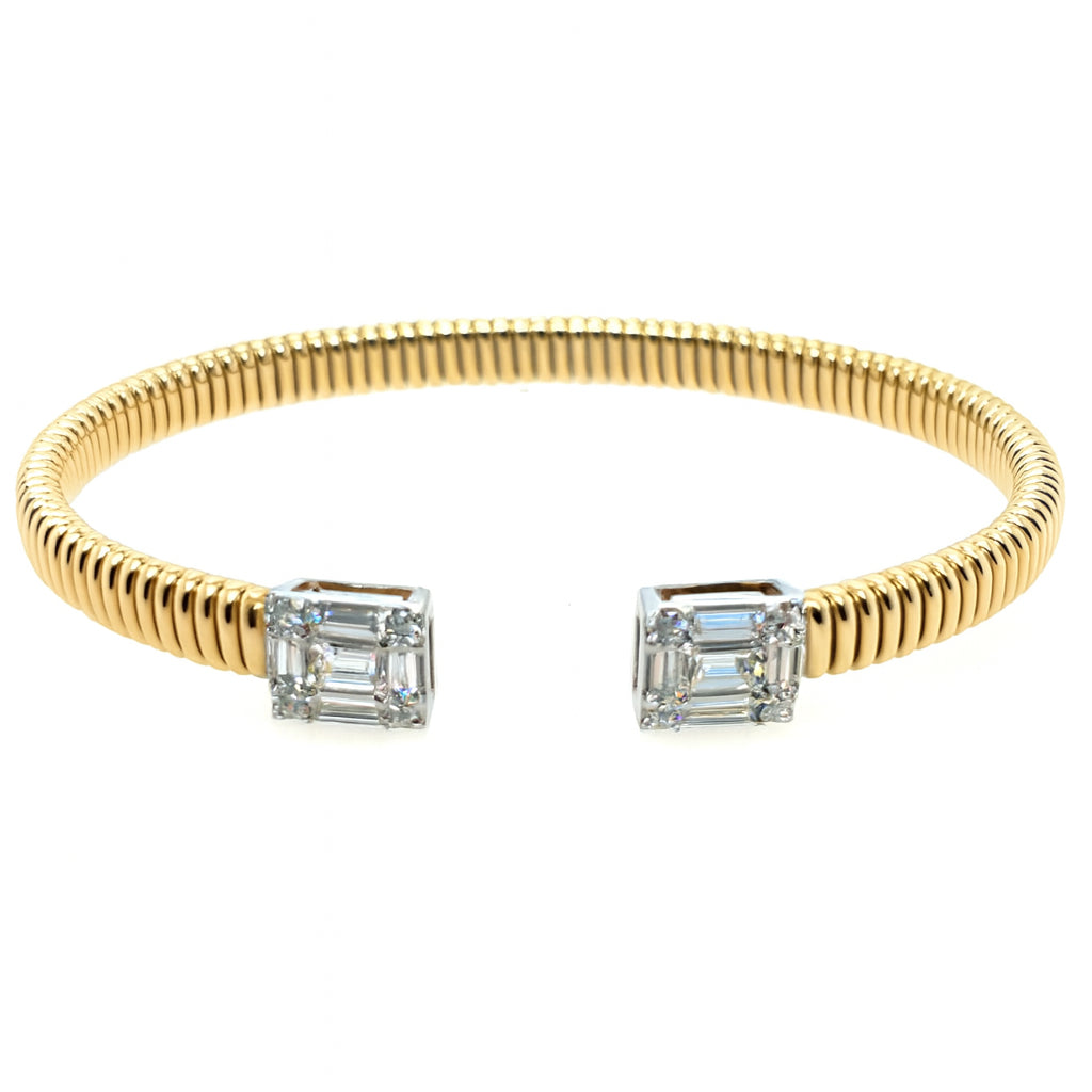 14K Yellow Gold Accordion Open Bangle Bracelet with Baguette Natural Diamond Accent (0.52 ct) - Round Shape
